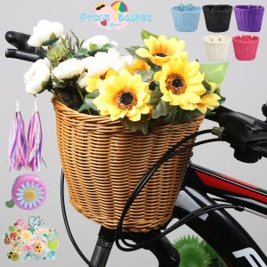 4pcs/Set PE Rattan Wicker Bicycle Front Basket+Bell+Tassel+Stickers Adjustable Handwoven Kid Adult Bike Handlebar Accessories