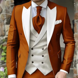 Beige Mens Suits Elegant Peak Lapel Jacket Groom Tuxedo 3 Pieces Blazer Vest and Pant Set Formal Mens Suit for Business Prom