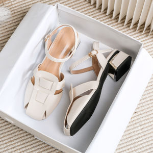 Low Heel Sandals Womens Summer Fashion French Style All-Match Evening Breeze Flat Buckle Strap Cover Toe Rubber Outsole Shoes