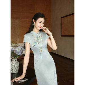 New Chinese Style Matte Satin Floral Embroidery Summer Dress