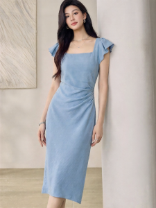 Roey s house | Elegant Blue Square Neck Wrinkle Decoration Summer Dress