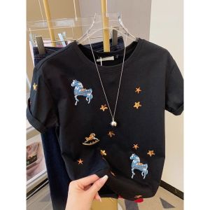 เสื้อยืดแขนสั้นผ้าฝ้ายแท้สีดำ ทรงหลวม สำหรับผู้หญิง ฤดูร้อน 2025 แบรนด์ Li Huohu ระบายอากาศได้ดี แขนสั้น ปกติ