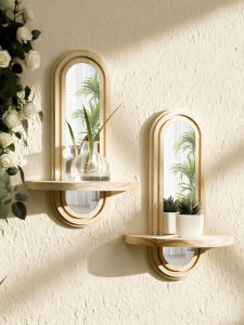 1pc Wooden Wall Shelves Boho Wall Mirror Natural Wood Finish Shelf Plant Display Stand for Bedroom Living Room Home Organization