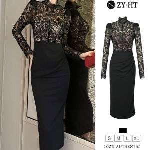 ZYHT EraVogue Women's Black Long Sleeve Lace Dress: Work & Party French Style