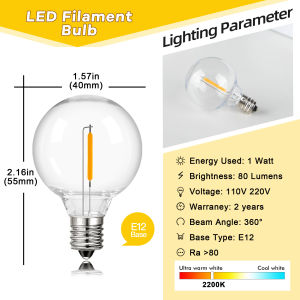 25PCS PET G40 Globe Led Filament Lamp Bulb E12 Base 110V 220V 2200K Dimmable String Light Replacement Shatterproof Plastic Bulb