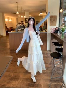 Sweet Lace Trimmed Cake Skirt Dress Womens Summer New plus Size High Waist Meat Concealing Strap Dresses Casual Commute Style