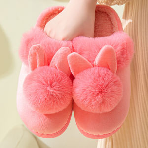 Thickened Warm Indoor Cotton Slippers for Couples Long Ear Ball Womens Winter Floor Wood Heated Slippers Simple Home Shoes