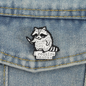 I Require Snacks Enamel Pins Cartoon Trash Panda Raccoon Brooches Lapel Badges Funny Animal Jewelry Gift for Kids Friends