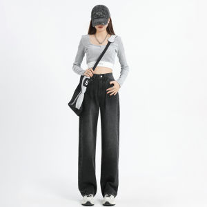 High Waist Wide Leg Denim Jeans Womens Loose Straight Retro Drapey Floor-Length Fleece Lined Thickened Winter Extended Pants