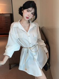 GUZILIAN | Summer White Polo Collar Long Sleeve Mid-Length Slim Fit Chain Shirt Women Loose Pure Desire Waist-Cinching Turn-down Top