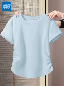 Jeanswest Blue Short Sleeve T-Shirt Womens 2025 New Summer Dopaamine Pleated Short Style Slim Fit Cotton Polyester Blend