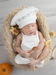 Ylsteed 3 Pieces Set Newborn Chef Hat Set with Wooden Spoon Infant Photography Outfit Photoshoot Props Photo Studio Costume