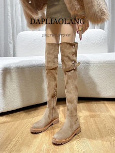 Over-Knee Fleece Lined Lamb Fur Womens Boots Two-Way Wear Flat Bottom Knight Boots for plus Size 41 to 43 Vintage Style Winter Fashion