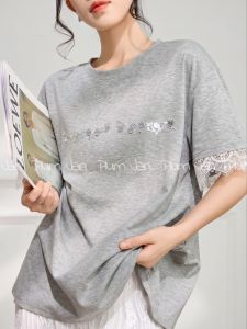 PlumJan | Áo Thun Dáng Rộng Phối Ren Lấp Lánh Tay Ngắn Màu Xám