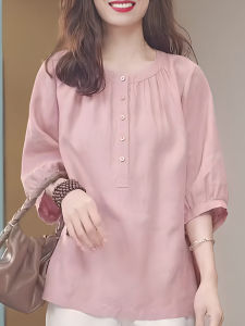 UYFY | Áo sơ mi nữ tay giữa cổ chữ V thoáng khí mùa hè mới đa năng màu hồng cỡ lớn vừa vặn thoải mái thường ngày