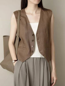 เสื้อกั๊กผ้าลินินแขนกุดสไตล์ย้อนยุคสไตล์อังกฤษสำหรับฤดูร้อน กระดุมแถวเดียว คอวี เสื้อผ้าทำงานสำหรับผู้หญิง