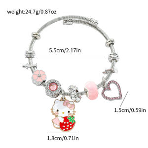 Sanrio | Cute Hello Kitty Charm Bangle Zinc Alloy with Strawberry Flower & Heart Crystal Charms Adjustable Wire Bracelet for Girls