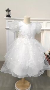 Summer New Girls Bow Bead Embroidered Fluffy Skirt Baby Girls Birthday Mesh Dress Elegant Baptism First Communion 3 to 12 year