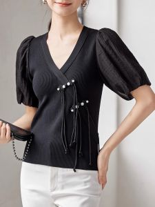 WANGGONGZHU | Elegant Short Sleeve V-neck T-shirt Womens Summer New Chinese Style Slimming Button-up Top Fashionable Retro Commute Style