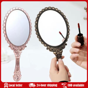 Creative Retro Makeup HD Mirror With Handle Women Bathroom Plastic Patterned Make Up Mirror Portable Handheld Antique Vanity Portable Vintage Lace Makeup Mirror Hand Hold Oval Round Mirror Noble Restore Ancient Ways Court Mirror Beauty Tool