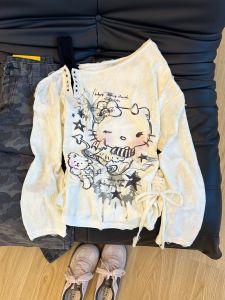 Sweet Cool Y2K Cat Print Long Sleeve Womens Autumn New Loose Slimming Drawstring Design Shoulder Bared Top Casual Style Cotton Polyester