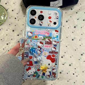 Sanrio | Cute Cartoon Illustration Hello Kitty Case For iphone 17 16 15 Pro Max 17 Silicone Shockproof Protective Soft Cover With Chain