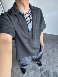 Áo Thun Polo Cổ Chữ V Hai Mảnh Casual American Retro Five-Five Áo Thun Nam Mùa Hè Thường Ngày Cổ Chữ V Tay Ngắn