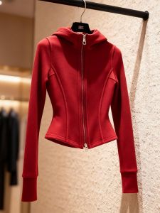 2025 New Red Zip Hooded Jacket Waist Slimming