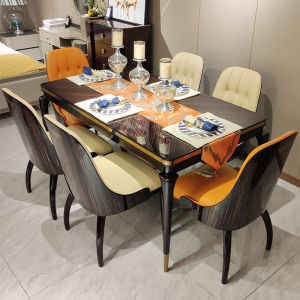 Italian Style Luxury Real Wood Long Dining Table And Leather Chair Set Simple Design for Small to Large Homes Six Chairs Included