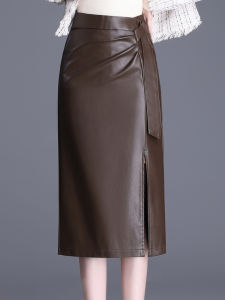 High Waist Midi Leather Skirt Womens Folded A-Line Skirt with Slit Commute Style Pure Color Korean Version PU Fabric