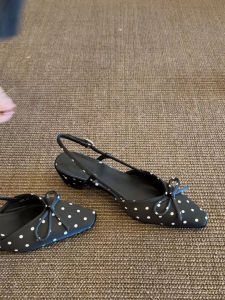 FANGXI | Sheepskin Polka Dot Bow Closed Toe Slingback Chunky Heels