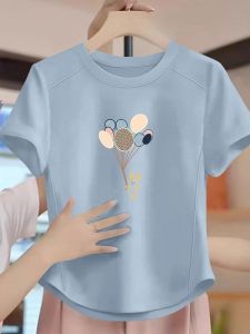 Versatile 100% Pure Cotton Short Sleeve T-Shirt New Summer Commute Trend Design Arc Bottom round Neck Top Womens Casual Wear