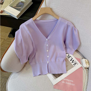 Purple Bubble Sleeve V-Neck Ice Silk Knitted Cardigan Womens Summer New Gentle Retro French Style Top Ins Short Length Single Button OL Style Slim Fit