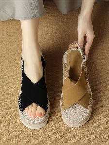 Thick Sole Sandals Womens Summer Outwear Genuine Leather Roman Korean Style Small Height Increasing Cross Strap Vacation Straw Fisherman Shoes