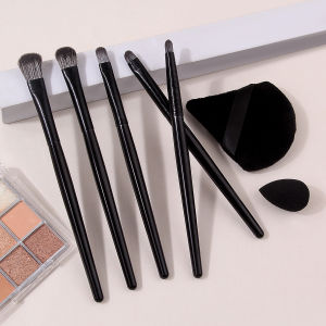 7PCS Black Eyeshadow Makeup Brush Set with Makeup PuffMulti-Size Smudge& Detail Eye Brushes for Eye ShadingCrease Blending