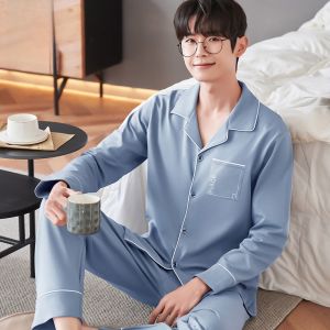 MiiOW | Pure Cotton Long Sleeve Sleepwear Set For Men Spring Autumn Lightweight Home Clothes Comfortable Breathable Mens Pajamas