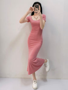 Elegant Short Sleeve Womens Dress Slimming Waist Long Fish Tail Skirt Style Summer Fashionable One-Piece Pink Color