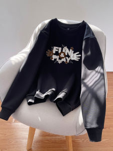 Pure Cotton Sweatshirt Womens Spring Autumn Loose Fit Black Large Size Outerwear Comfortable Breathable Printed round Neck