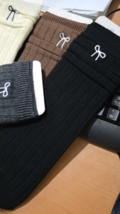 24158 Kaos Kaki Panjang Anak Perempuan Model Pita 30 cm - Kaus kaki selutut remaja umur 3-12 tahun bordir ribbon warna hitam putih khaki cream abu coklat korean style kpop