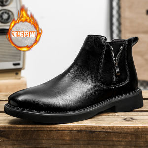 Mid-Top Leather Shoes Chelsea Boots Mens Spring Leather Side Zipper British Style Trendy Leather Boots High Top Working Wear Boots