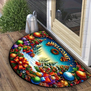 VIKAMA Half Round Xmas Welcome Mat Anti‑Slip Washable Rug For Front Door Indoor Outdoor Holiday Home Decor