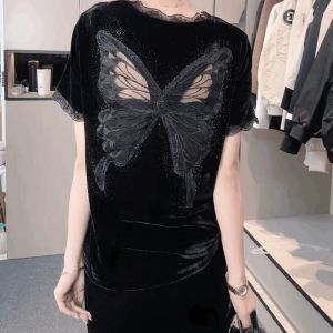 Velvet Short Sleeve Back Lace Edge T-shirt Womens Spring and Autumn V-neck Black Pleuche Cut Out Tops Easiest for Match Bottoming Shirt