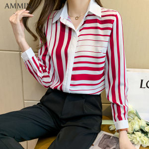 AMMIN เสื้อเชิ๊ตผู้หญิงผ้าชีฟองมีปกคอเสื้อคาร์ดิแกนกระดุมแถวเดียวเสื้อเบลาส์สไตล์เกาหลีสำหรับแขนยาวแบบใหม่ในฤดูใบไม้ร่วง2023