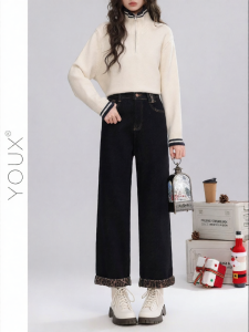 YOUXIANG | Quần Jeans Denim Thẳng Retro Ấm Áp cho Phụ Nữ