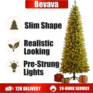 6.5 ft Slim Pre-Lit Christmas Tree Pencil Artificial Xmas Tree with Warm White Lights Green Narrow Tree for Small Spaces & Corners