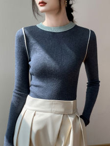 เสื้อถักขนสัตว์ เสื้อคอตั้งแขนยาวทรงสลิมฟิตสำหรับผู้หญิงในฤดูใบไม้ร่วงและฤดูหนาว เสื้อชั้นในแบบมีสีตัดกัน