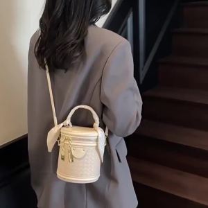 Women Cylinder Bucket Bag Elegant Woven Pattern Handbag With Silk Scarf Decor Mini Crossbody Shoulder Bag For Daily Party Dating