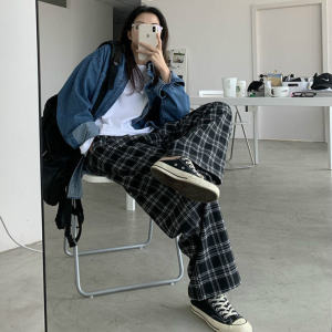 กางเกงขายาวทรงหลวมเอวสูงลายสก็อต กางเกงขายาวทรงตรง ทรงหลวม ทรงสตรีท สำหรับผู้หญิง ฤดูร้อน 2022 กางเกงขายาวทรงหลวม