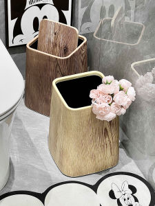 Large Capacity Home Trash Can Retro Cover Kitchen Bathroom Paper Basket Wooden Texture Square Shape Family Cleaning Tool