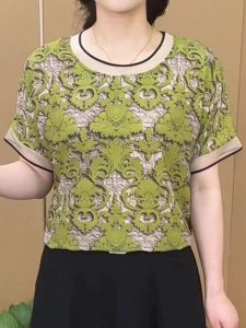 Elegant round Neck 3D Printed Short Sleeve T-Shirt Womens Summer Fashion Mommy Style Top Quality Slimming Age-defying Shirt